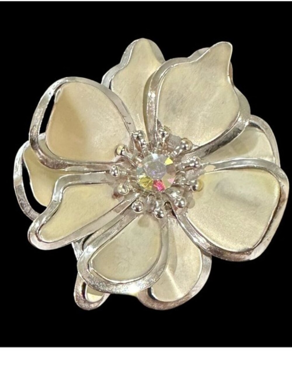 Vintage Brooch Flower Shaped AB Crystal Center Gold Silver Tone Costume Jewelry